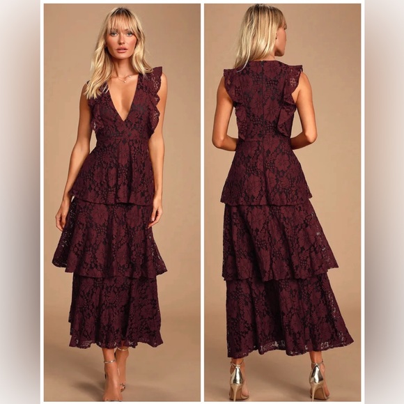 Lulus Dresses & Skirts - Lulu's Burgundy Lace Tiered Maxi Dress